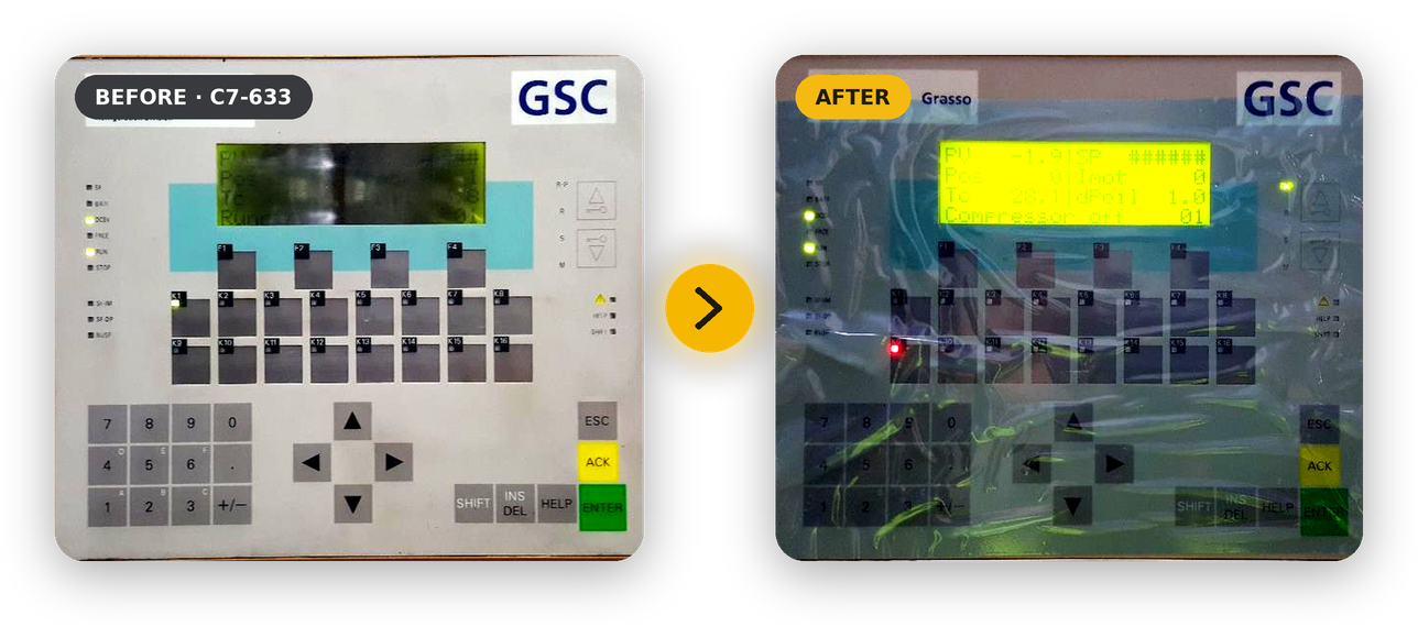 Before and after: Siemens C7-633 operator panel on a Grasso ammonia compressor replaced and back in service